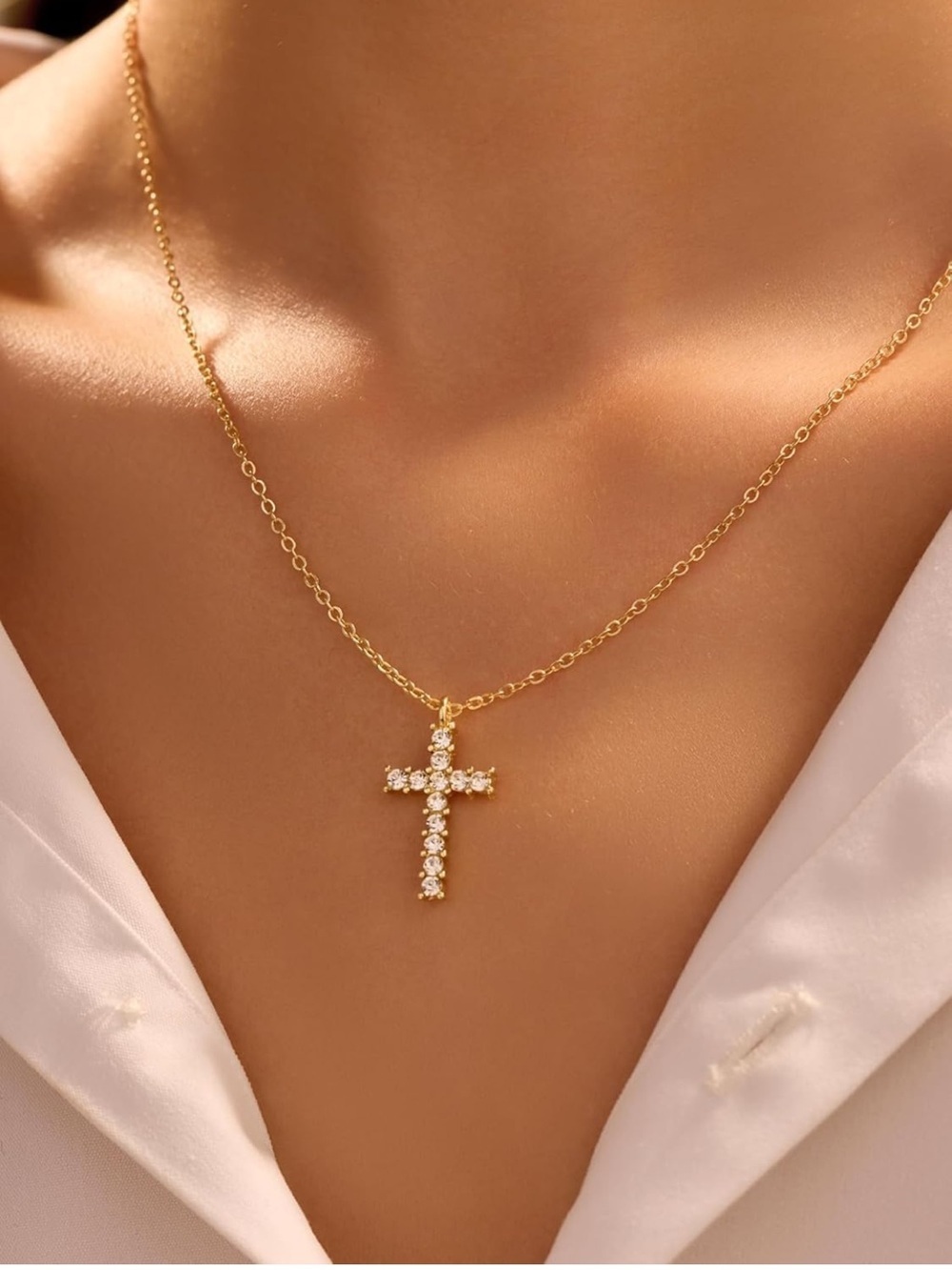 Gold Alloy Crystal Cross Pendant Necklace Cable Chain Lobster Clasp 15.75" Adj